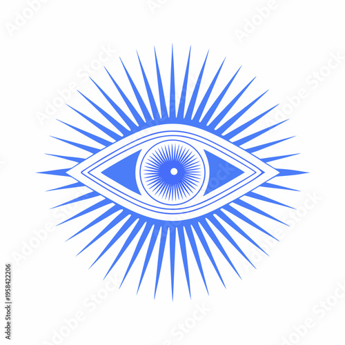 A vibrant blue eye illustration with radiating lines resembling sunrays