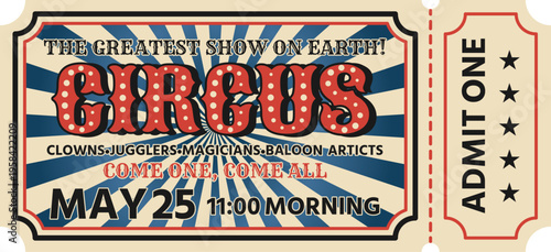 Vintage circus ticket with The Greatest Show on Earth text. Retro admit one coupon with sunburst background and marquee typography.