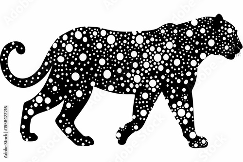 A stylized leopard with a patterned coat walks in profile view