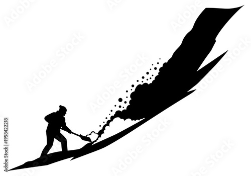Silhouette of person shoveling snow on a steep slope with falling snow