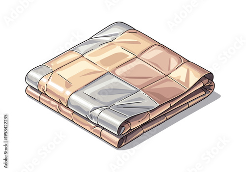 Folded quilted blanket with a diamond pattern in beige and silver tones