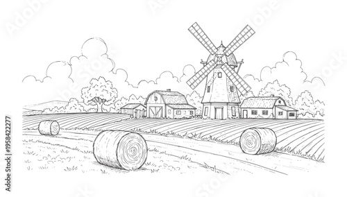 Rural farm landscape with windmill barn and hay bales in a field