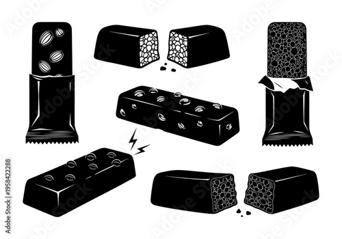 Collection of stylized chocolate bars and snacks with nuts and crispy textures