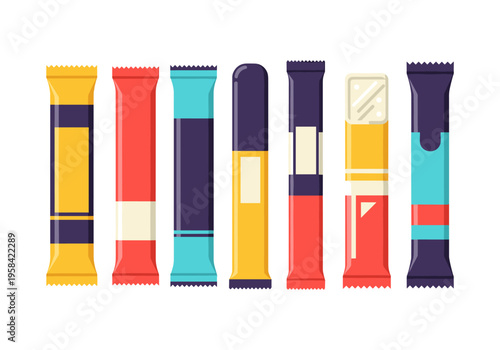 Assortment of colorful snack bars in individual wrappers on white background