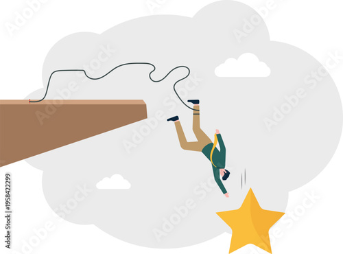 Professional man bungee jumping from a cliff to catch a gold star representing quality pursuit