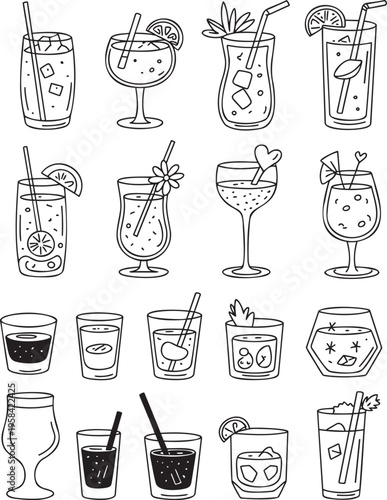 A cheerful selection of outlined cocktail drinks and beverage glasses with various garnishes