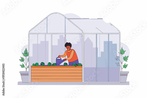 A person waters plants inside a modern glass greenhouse with city views
