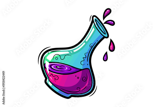 Cartoon flask with bubbling purple liquid and dripping droplets