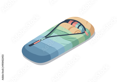 Cozy sleeping bag with colorful stripes and zipper detail for outdoor adventures