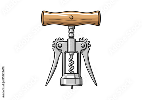 Classic corkscrew with wooden handle and metal levers for opening wine bottles