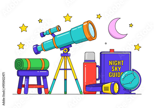 Illustration of astronomy equipment for stargazing adventures under the night sky