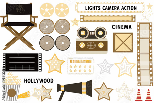 A collection of colorful film and cinema themed illustrative elements