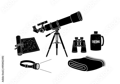 Astronomy gear for stargazing including telescope, binoculars, and star chart