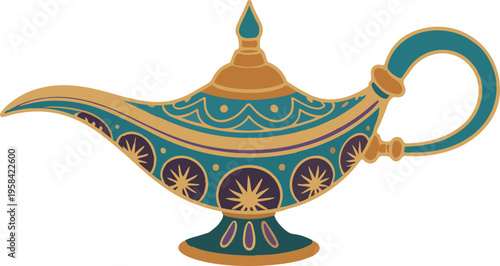 Magic Lamp with Gold and Blue Ornamentation on White Background