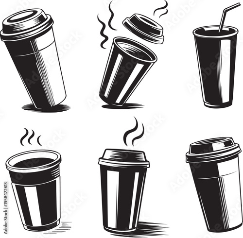 A collection of black and white illustrations depicting various disposable takeaway beverage cups for hot and cold drinks