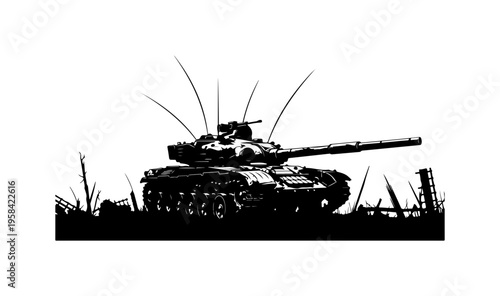 Silhouette Military Tank Vector Artwork in Battlefield