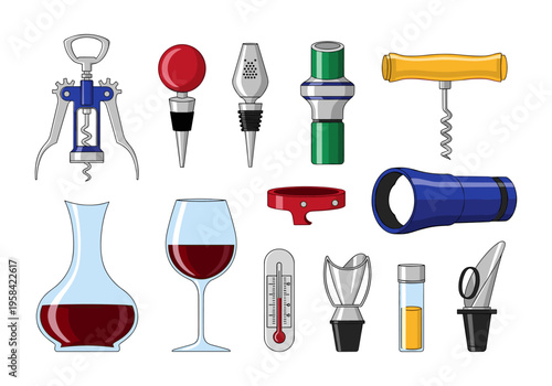 Collection of wine accessories including corkscrews, stoppers, and a decanter