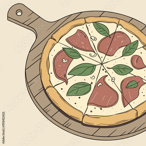 Gros plan sur une délicieuse pizza ronde avec prosciutto, mozzarella et feuilles de basilic sur le dessus, servie sur une planche de bois 