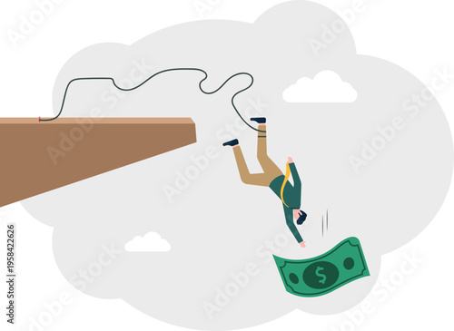 Businessman bungee jumping from a cliff to catch a green cash bill representing profit risk