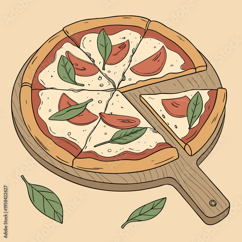 Gros plan sur une délicieuse pizza ronde avec prosciutto, mozzarella et feuilles de basilic sur le dessus, servie sur une planche de bois 