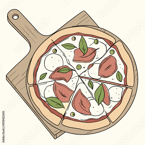 Gros plan sur une délicieuse pizza ronde avec prosciutto, mozzarella et feuilles de basilic sur le dessus, servie sur une planche de bois 