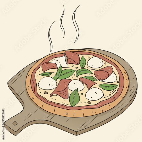 Gros plan sur une délicieuse pizza ronde avec prosciutto, mozzarella et feuilles de basilic sur le dessus, servie sur une planche de bois 