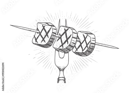 Three grilled meat cubes a skewer held by a fork