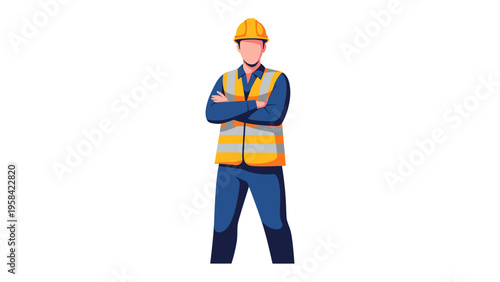 Confident Constructor: A construction worker stands with folded arms, embodying a blend of safety and capability within the construction setting. 