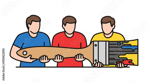 Collaboration & Creativity: Three individuals come together, united by their shared passion and innovative vision, symbolized by a single, oversized paintbrush.