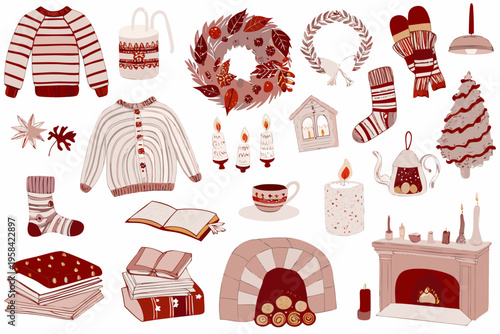 A cozy collection of autumnal and winter holiday themed decorative elements