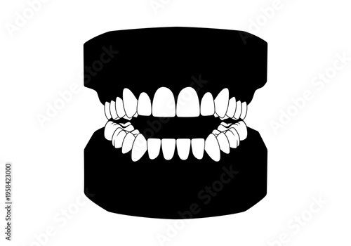 Stylized black and white illustration of human teeth and jaw model