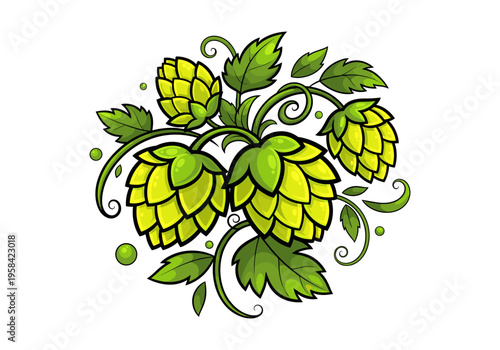 Stylized green hop cones and leaves forming a decorative circular pattern
