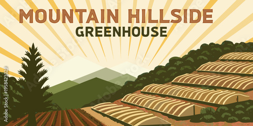 Retro illustration of a greenhouse nestled into a mountain hillside