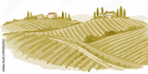 Watercolor painting of rolling hills cypress trees and a rural village