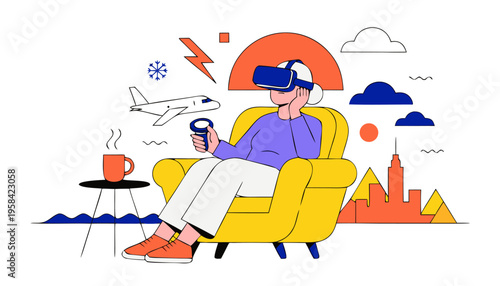 Flat Vector Senior Woman Using VR Headset for Virtual Travel Simulation Illustration of Elderly Person Experiencing Digital Tourism and Global Adventure from Home
