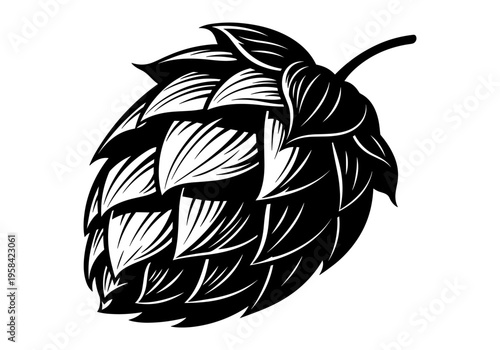 Stylized black and white illustration of a hop cone with detailed leaves