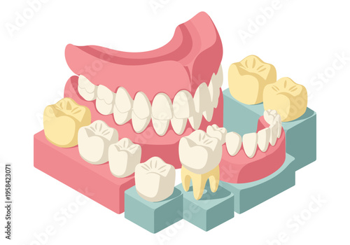 Dental prosthetics and artificial teeth displayed on blocks in an isometric view