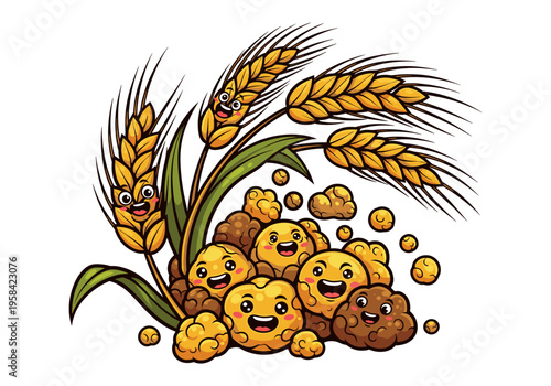 Happy cartoon wheat grains and cereal flakes with smiling faces
