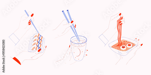 Hands holding sushi a drink and ramen noodles in a playful illustration