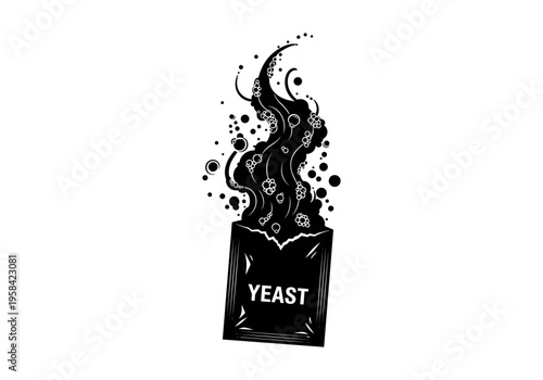Black and white illustration of yeast packet releasing active bubbly fermentation