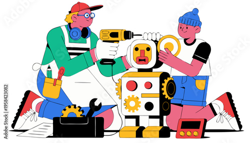 Grandfather and Grandson Building DIY Robot Clean Lines Illustration of Multi-Generational STEM Learning and Engineering Hobby