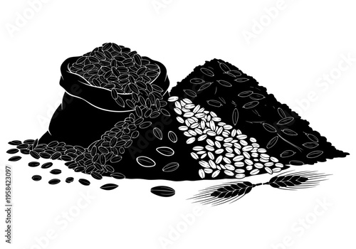 Illustration of a sack overflowing with grains and a pile of wheat ears