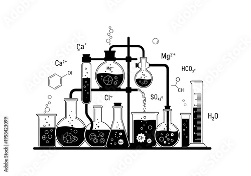 Complex chemical reaction setup with various laboratory glassware and chemical formulas