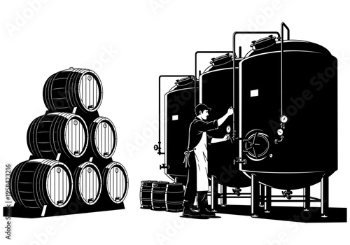 Brewery worker monitoring large fermentation tanks next to stacked wooden barrels