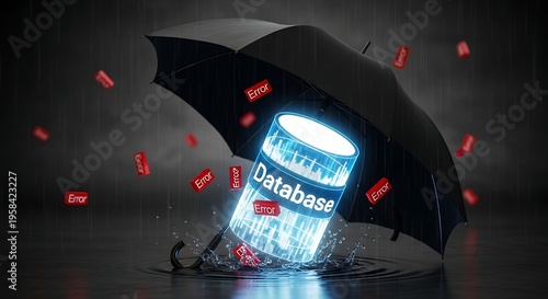 A glowing database cylinder protected by a black umbrella from falling red error tags in a dark, rainy environment.