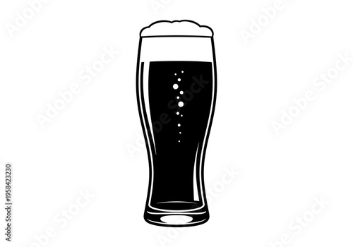 Stylized illustration of a dark beer in a tall glass with foam and bubbles