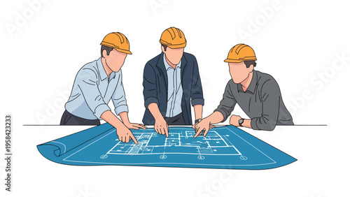 Architects at Work: A team of skilled architects collaborates, intently examining detailed blueprints, symbolizing precision and collaborative design in the realm of construction and planning.