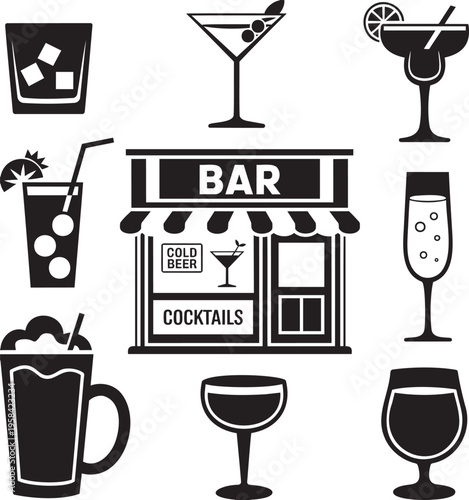 A comprehensive collection of black bar icons featuring various drink glasses and a detailed bar storefront