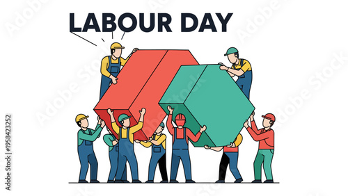 Labor Day Unity: Illustration of a group of construction workers coming together to create a single structure.
