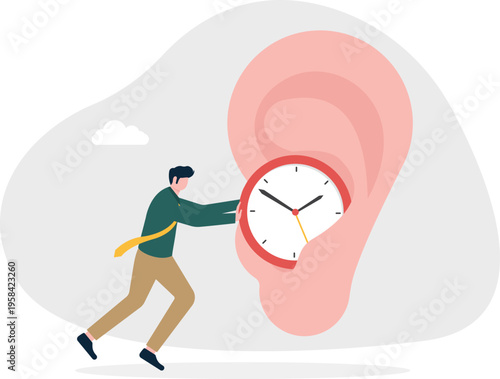 Professional man putting a clock into a giant ear representing time management tips